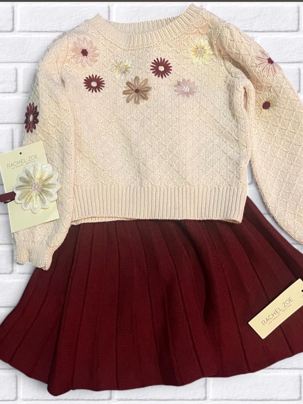 Rachel Zoe Dusty Pink Floral Sweater & Burgendy Pleated Skirt Set